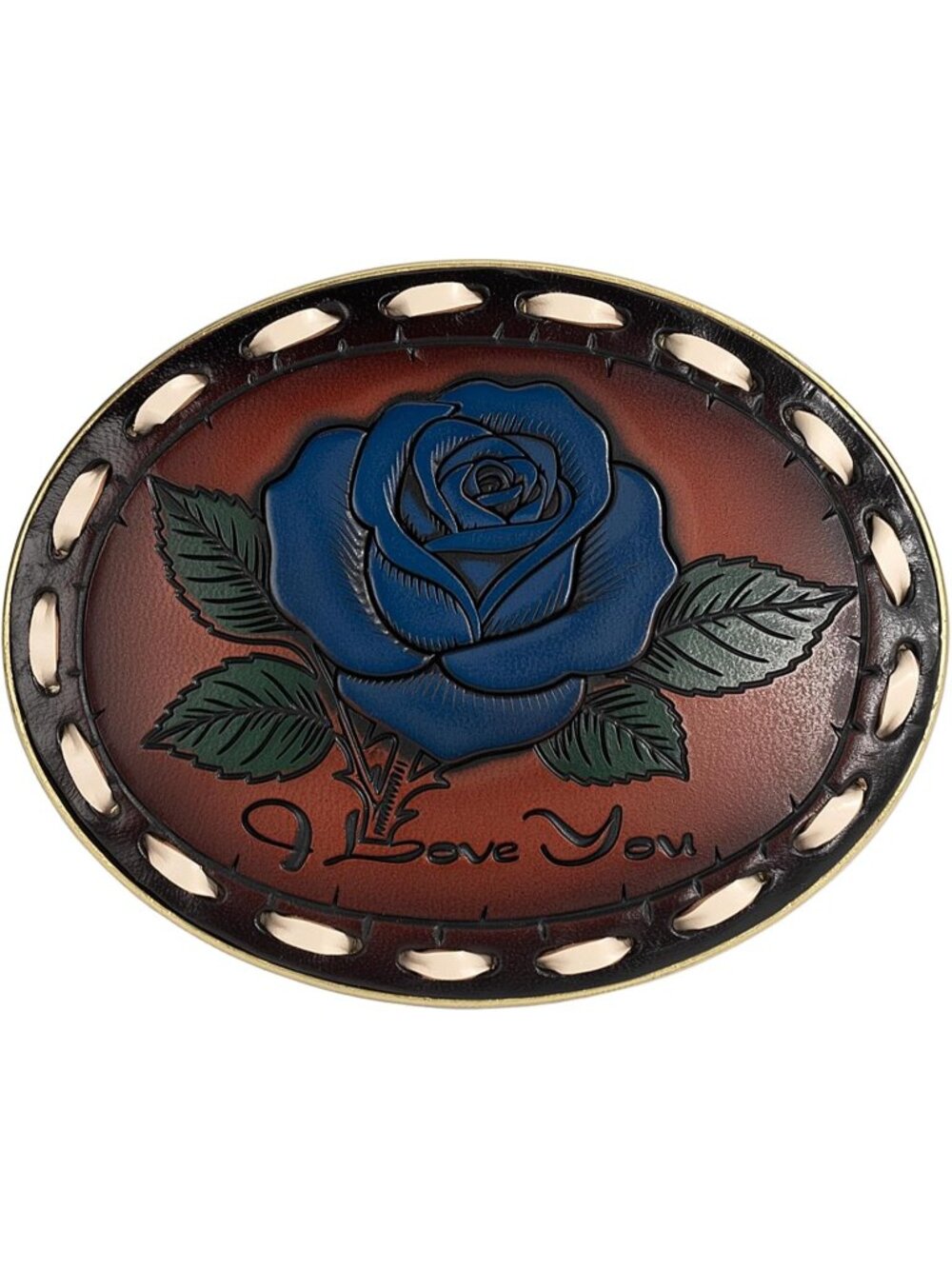 Unisex Blue Rose Leather Engraved Genuine Cowboy Belt Buckle